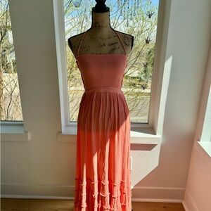 Strapless Coral Maxi Dress with Halter Tie